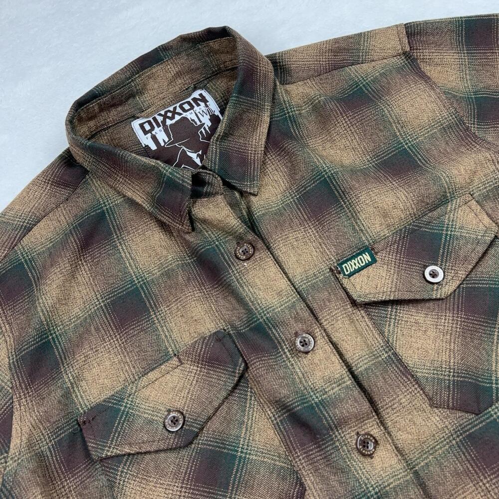 Dixxon Glasgow Button Up Shirt Women L Brown Plaid Flannel Long Sleeve Collared